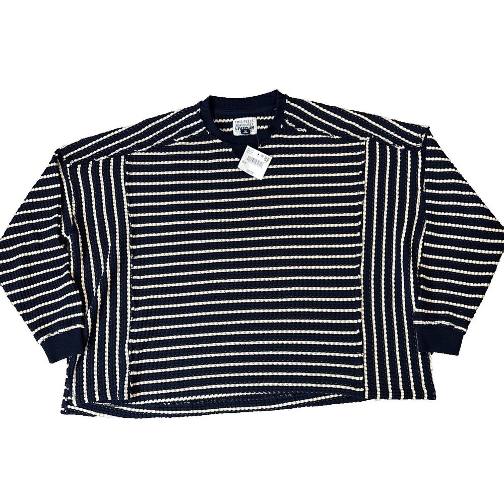 NWT Aerie Big  Waffle Crew Neck Sweatshirt Oversized Navy Stripes XS Boyfriend